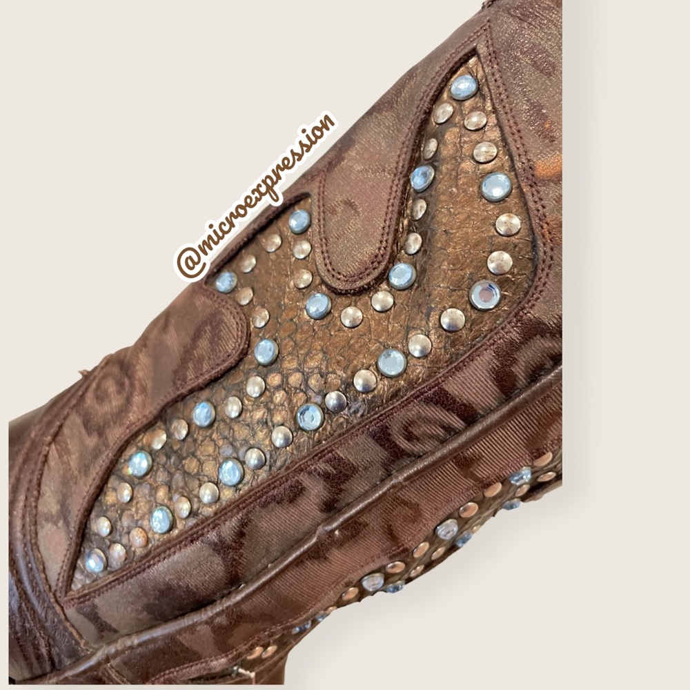 $429 Frye Daisy Duke Floral Metallic Brown Tan Rhinestone Pull On Cowboy Boot - Picture 12 of 16